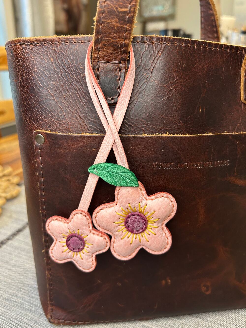 Double Pink Flower Bag Charm Daisy Flower Genuine Leather Purse Charm